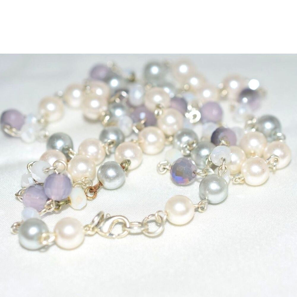 Stunning Bridal/Wedding Lt.Blue/Cream/Gray Single Strand Beaded 34" Necklace